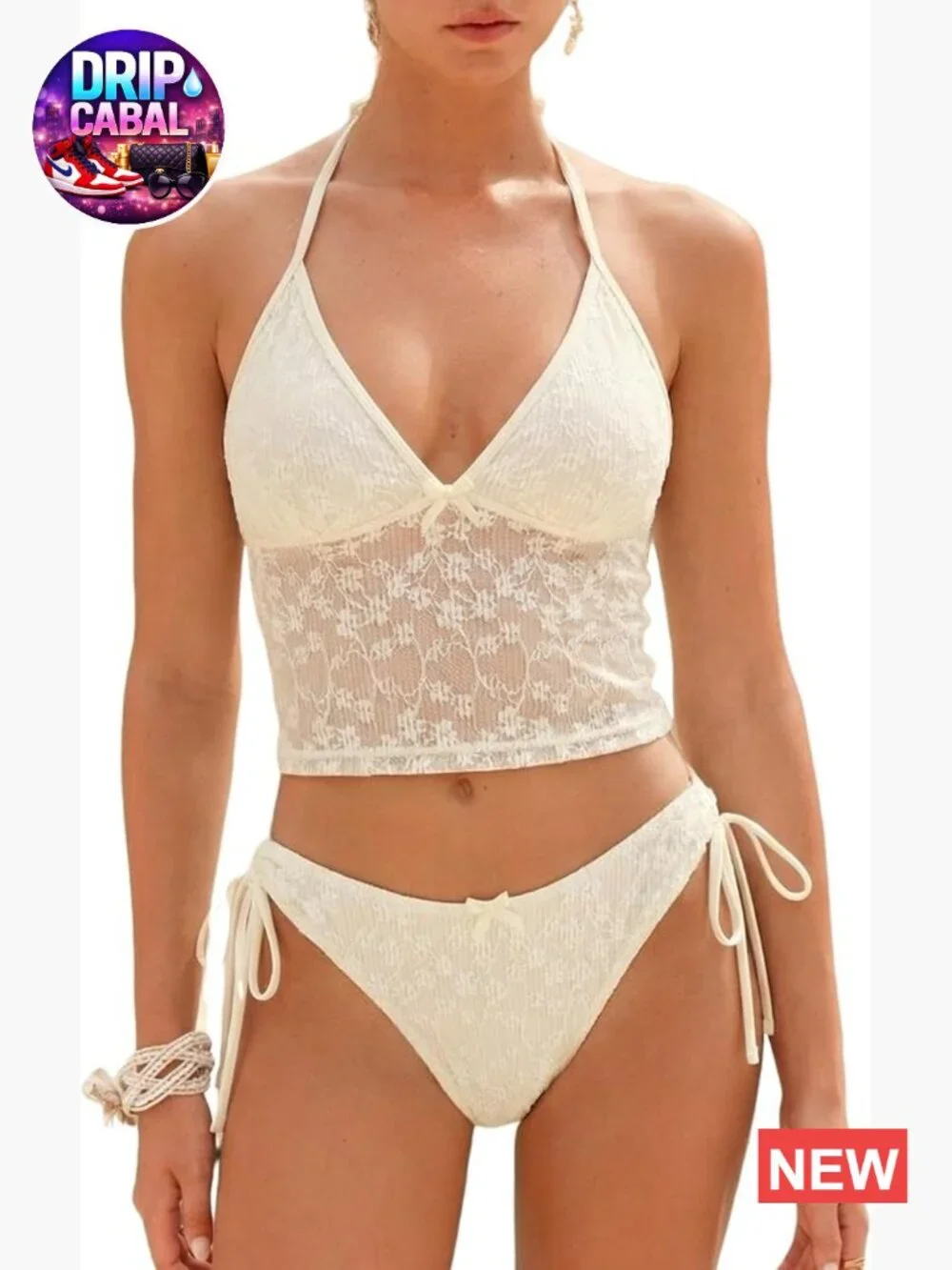 Ruffle V-Neck Tankini Set with Bowknot Lace Textured Top